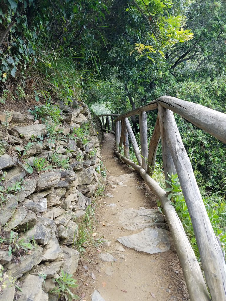 dirt path with rock wall on one side and wooden rail on the other