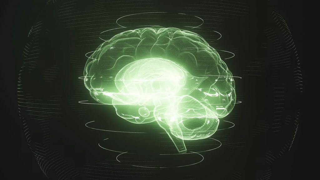 green glowing brain on a black background
